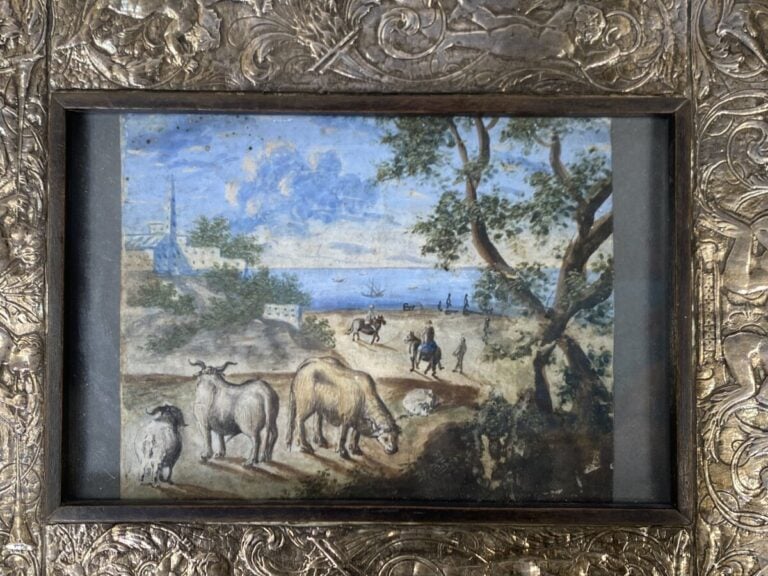 Ecole philippine - Paysage de bord de mer animé d'animaux - Aquarelle - 8,5 x 1…