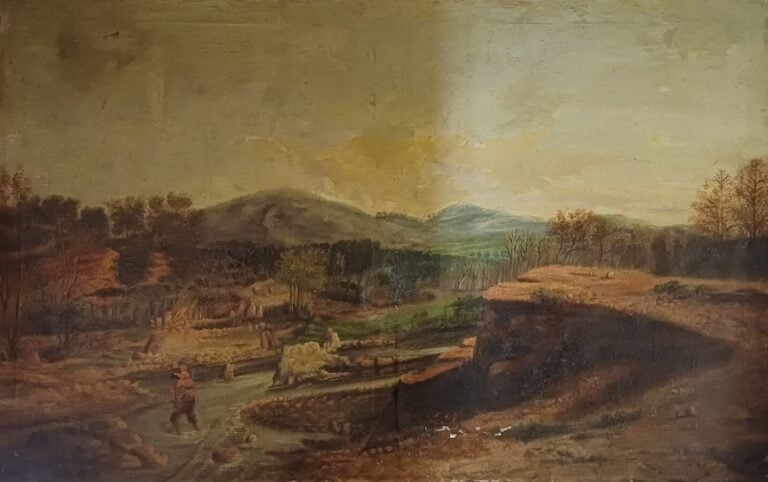 Ecole XIXème - Paysage à la rivière, passage ancien Testament - Huile sur toile…