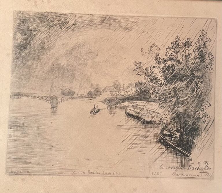 Gravure. Vue du pont des saint pères. Estampe - + 10 gravures paysages et 1 gra…