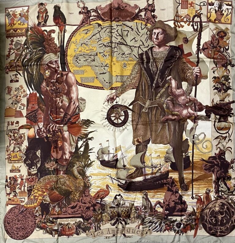 HERMÈS - Année 1992 - Rare carré en soie « Les Amériques Colombus » par Kermit…