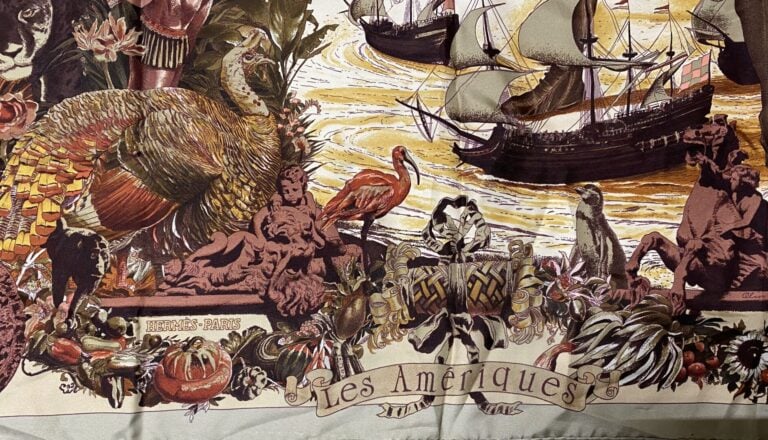 HERMÈS - Année 1992 - Rare carré en soie « Les Amériques Colombus » par Kermit…