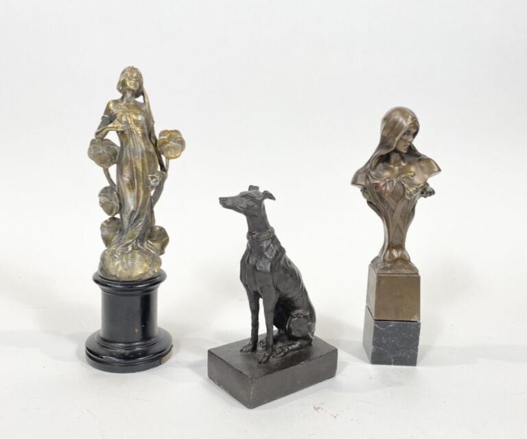 Lot de 3 sculptures : lévrier en métal patiné noir, « Ethne », buste de femme (…