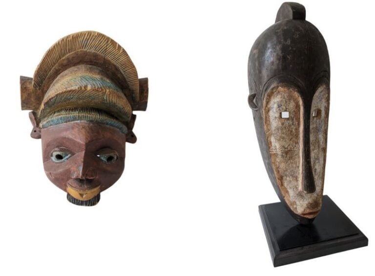 Lot de deux objets de style : un masque Yoruba (Nigéria) et un masque Fang (Gab…