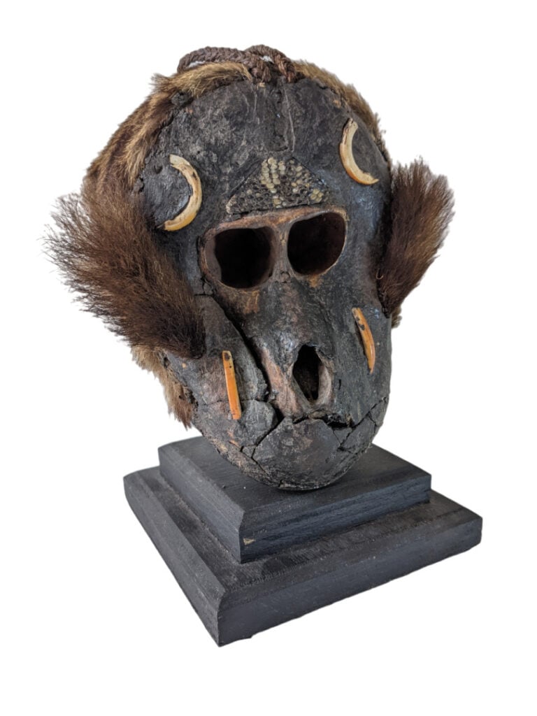 Lot de deux objets : un fétiche de chasse du Gabon représentant un crâne surmod…