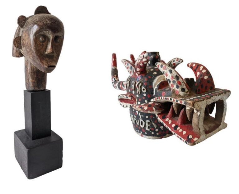Lot de deux objets : une tête Fang (Gabon) de style et un grand masque Senoufo…