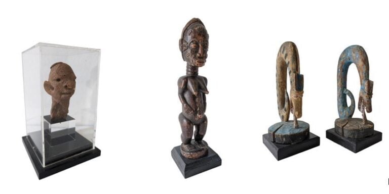 Lot de trois objets : une tête en terre, une statuette Baoulé (Côte d'Ivoire) e…