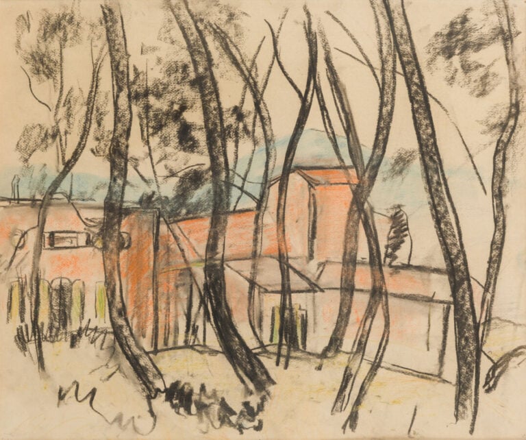 Paysage aux arbres noirs, fusain et aquarelle
