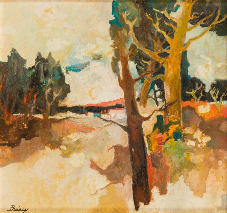 PREAUX. Paysage aux arbres - Huile sur carton - 21 x 22 cm