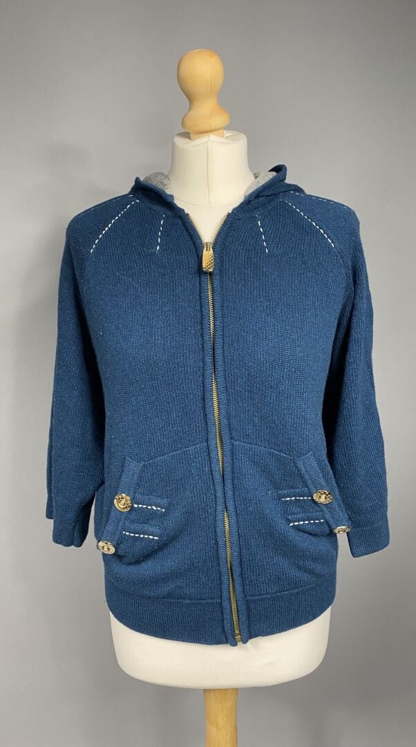 ROBERTO CAVALLI - Gilet à capuche bleu canard en cashmere mélangé, doublure en…