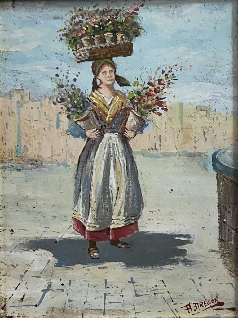 A. AREGON - La porteuse de fleurs - Huile sur panneau - Signé en bas à droite -…