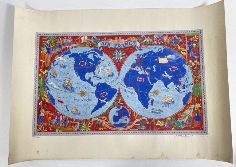 Affiche Planisphère de Jour Air France par Lucien Boucher, 5 « Continents de jo…