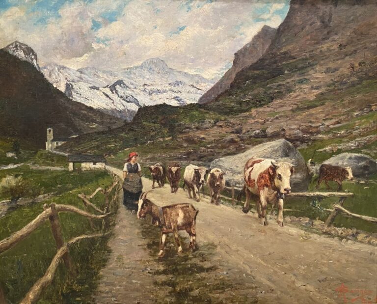 Angelo GARINO (1860-1945) - Bergère rentrant son troupeau - Huile sur toile - S…
