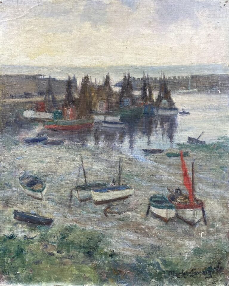 Charles MARTIN-SAUVAIGO (1881-1970) - Port breton à marée basse - Huile sur toi…