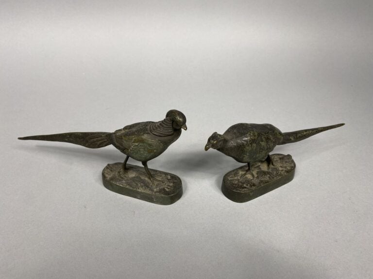 Couple de faisans en bronze à patine nuancée - Dim (le plus grand) : 10.5 x 21…