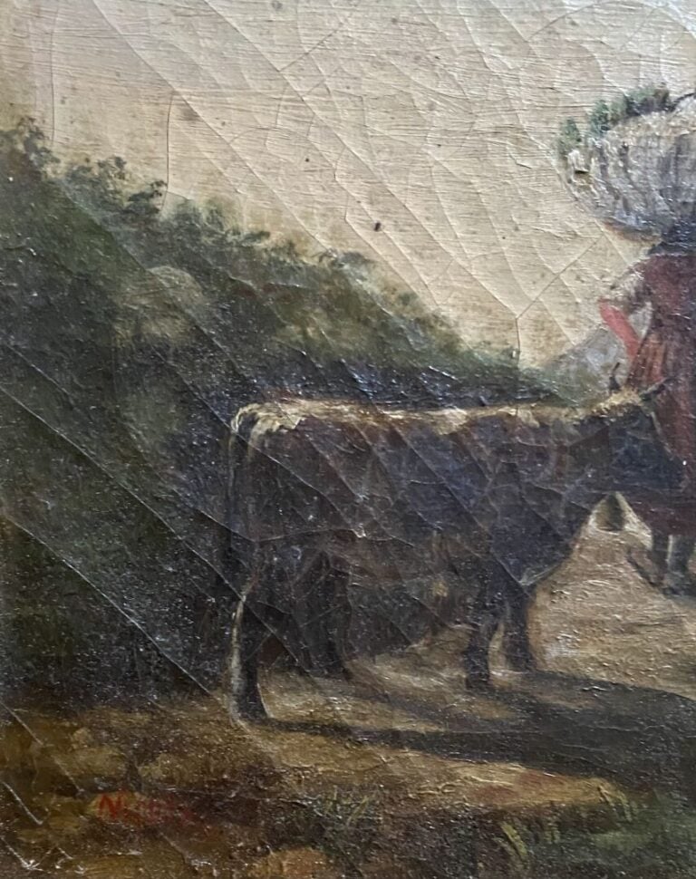 Ecole de la fin du XIXe-début du XXe siècle - Bergère et son troupeau - Huile s…