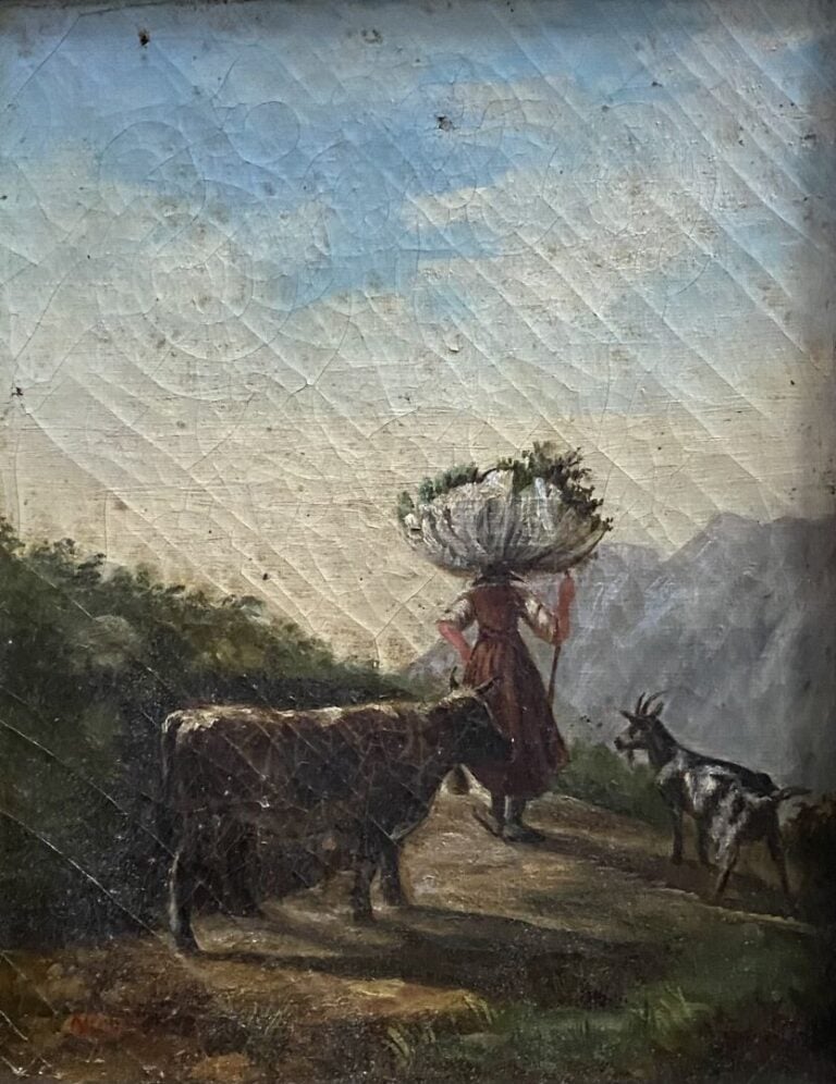 Ecole de la fin du XIXe-début du XXe siècle - Bergère et son troupeau - Huile s…
