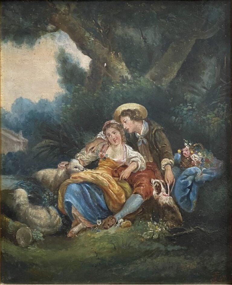 Ecole de la fin du XIXe siècle - Scène galante - Huile sur panneau - Monogrammé…