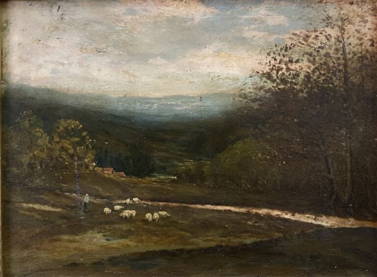 Ecole de la fin du XIXe siècle - Troupeau dans un paysage - Huile sur isorel -…