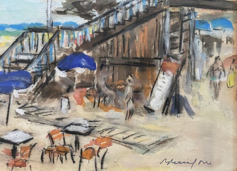 Ecole du début du XXe siècle - Bord de mer à Juan-les-Pins - Fusain et gouache…