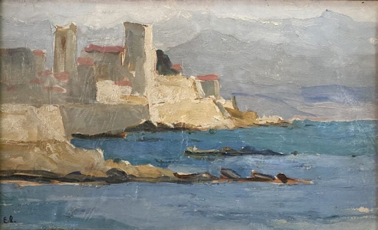 Ecole du début du XXe siècle - Bord de mer - Huile sur panneau - Monogrammé E.A…
