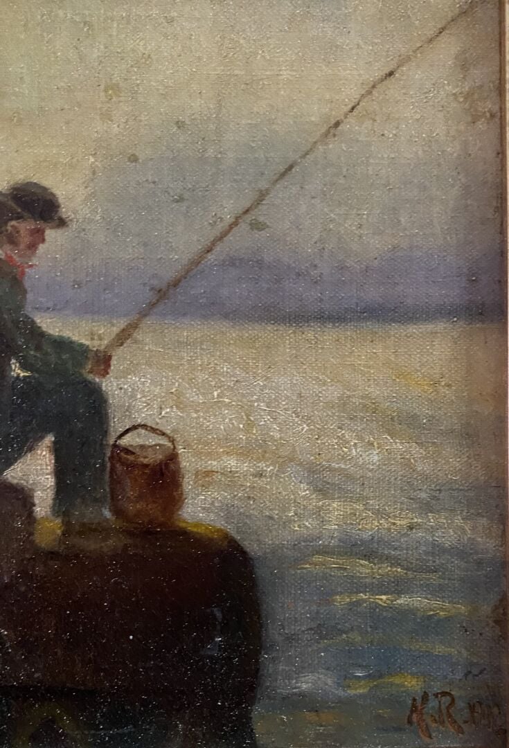 Ecole du début du XXe siècle - Couple d'élégants et pêcheur - Huile sur toile -…