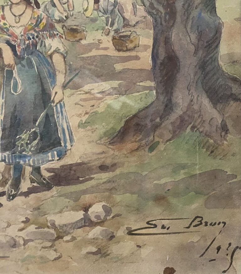 Ecole du début du XXe siècle - Cueillette dans un sous-bois - Aquarelle sur pap…