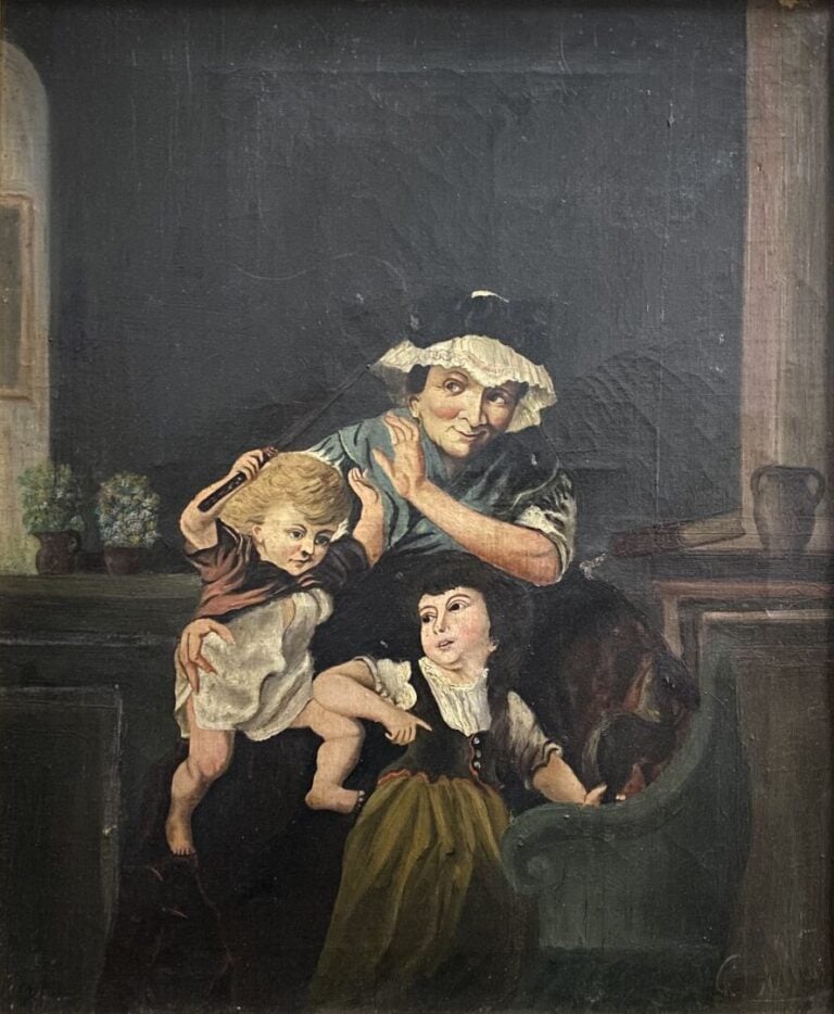 Ecole du début du XXe siècle - Nourrice et enfants - Huile sur toile - Trace de…