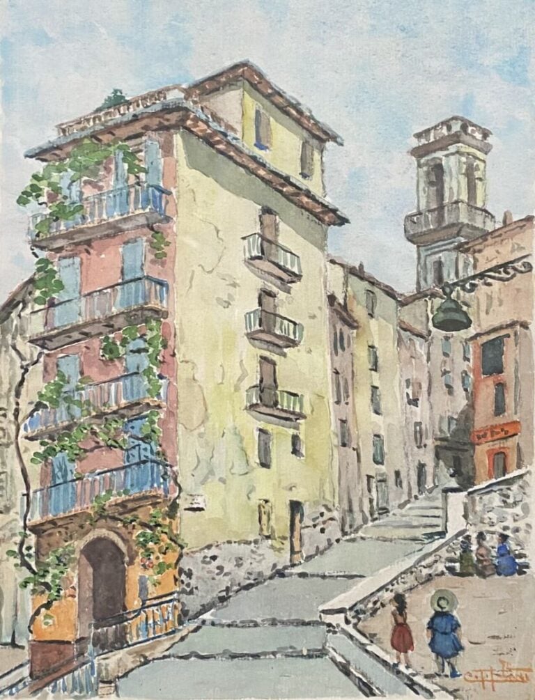 Ecole du début XXe siècle - Rue du Vieux-Nice - Aquarelle sur papier - Porte un…