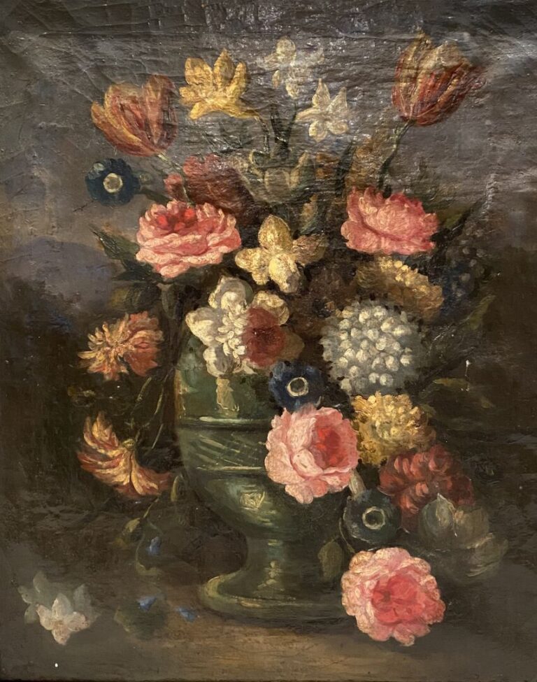 Ecole du XIXe siècle - Nature morte aux fleurs - Huile sur toile - 63 x 51 cm