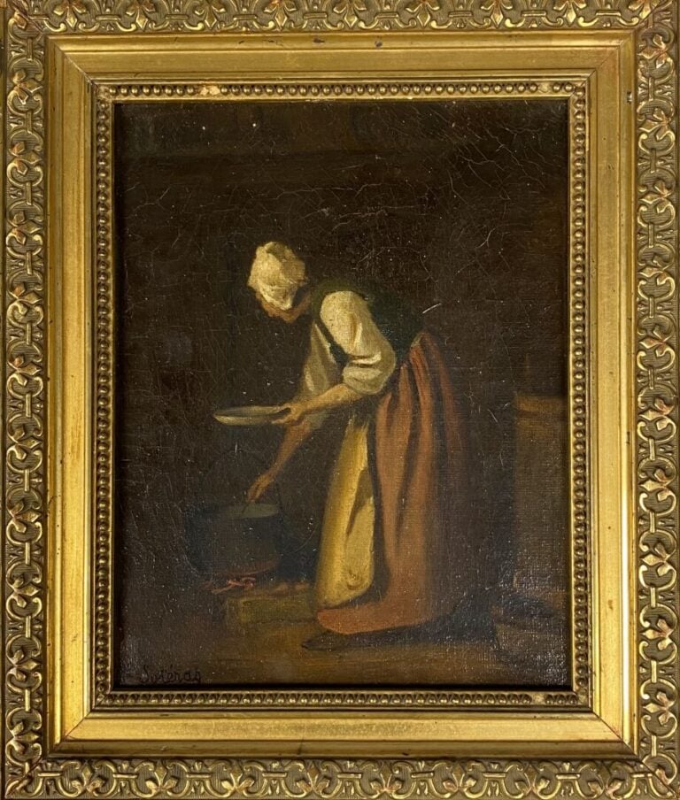 Ecole du XIXe siècle - Scène animée d'une femme dans une cuisine - Huile sur to…