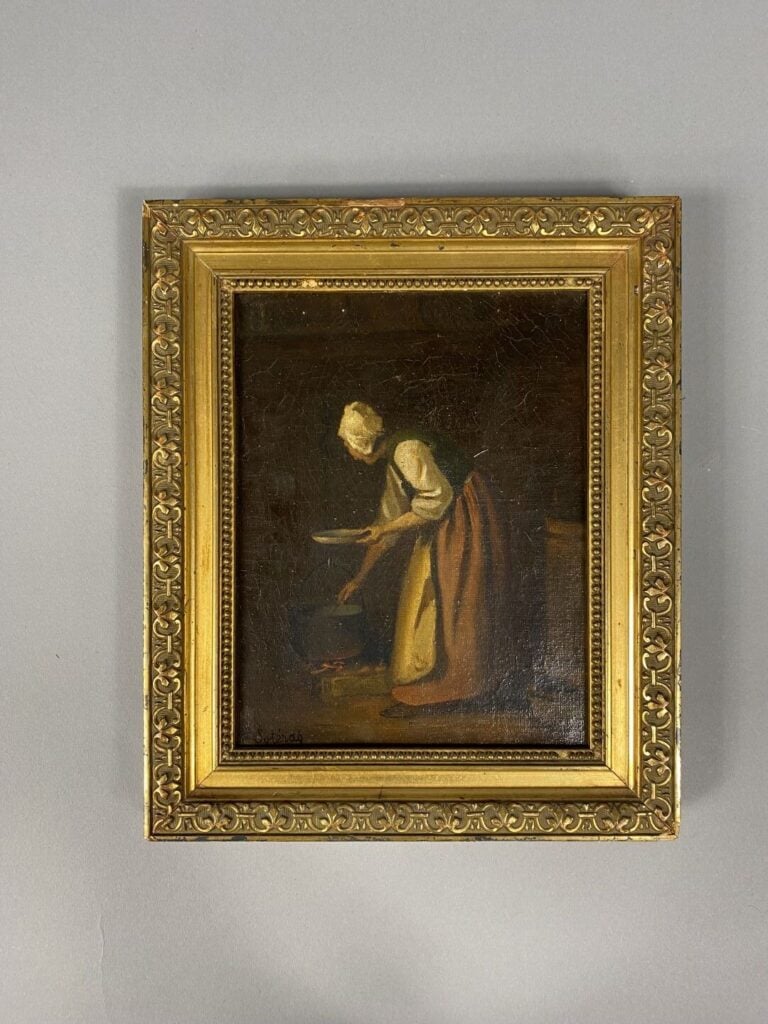 Ecole du XIXe siècle - Scène animée d'une femme dans une cuisine - Huile sur to…