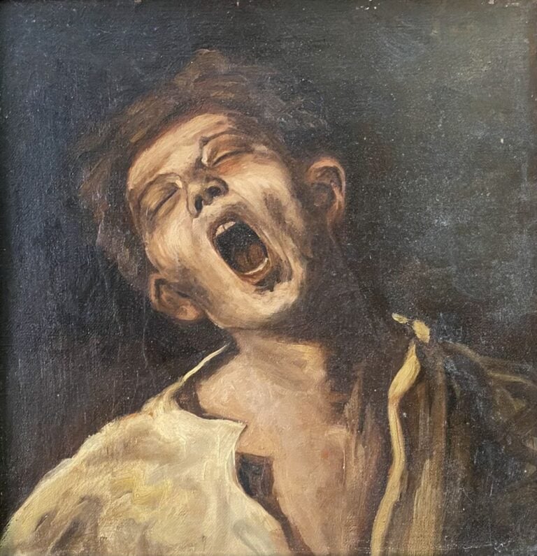 Ecole du XXe siècle - Jeune homme baillant - Huile sur carton - 22.5 x 22 cm