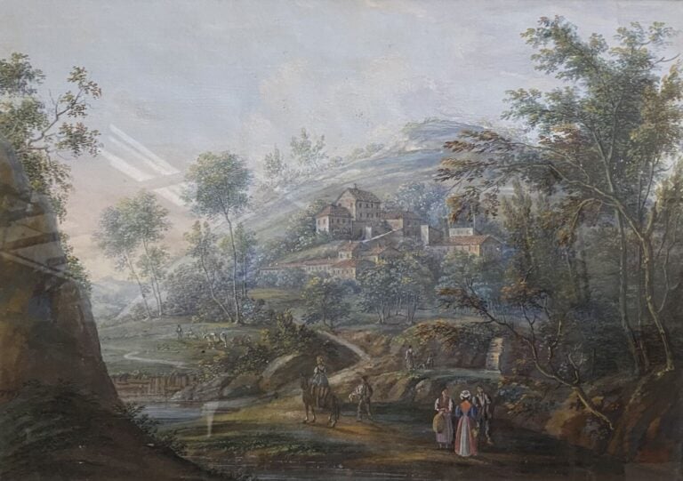 Ecole du XXe siècle - Scène animée dans un paysage de campagne - Aquarelle sur…