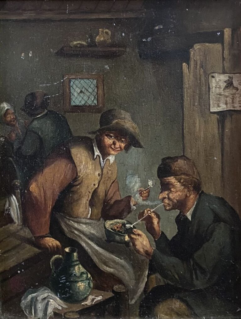 Ecole du XXe siècle - Scène de taverne - Huile sur panneau - Monogrammé R.L en…