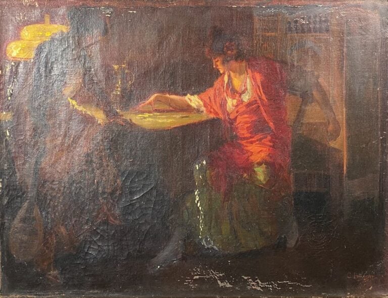 Ecole vers 1900 - Scène d'intérieur - Huile sur toile - Signature en bas à droi…