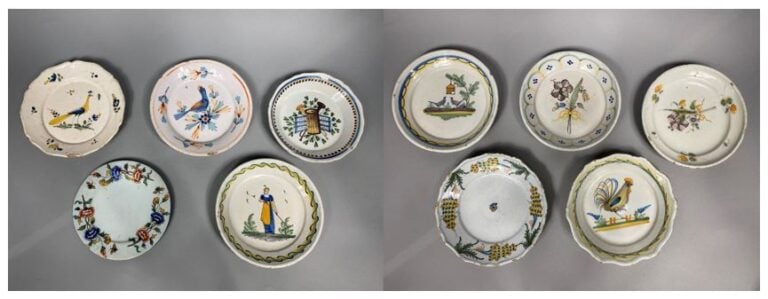 Ensemble de dix assiettes en faïence à décor de bouquets de fleurs, oiseaux, co…