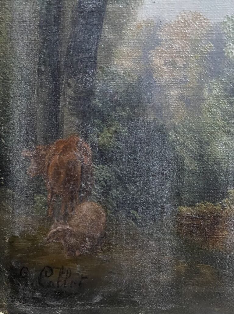 G. CALLAT ? - Bergère et son troupeau - Huile sur toile - Signée en bas à gauch…