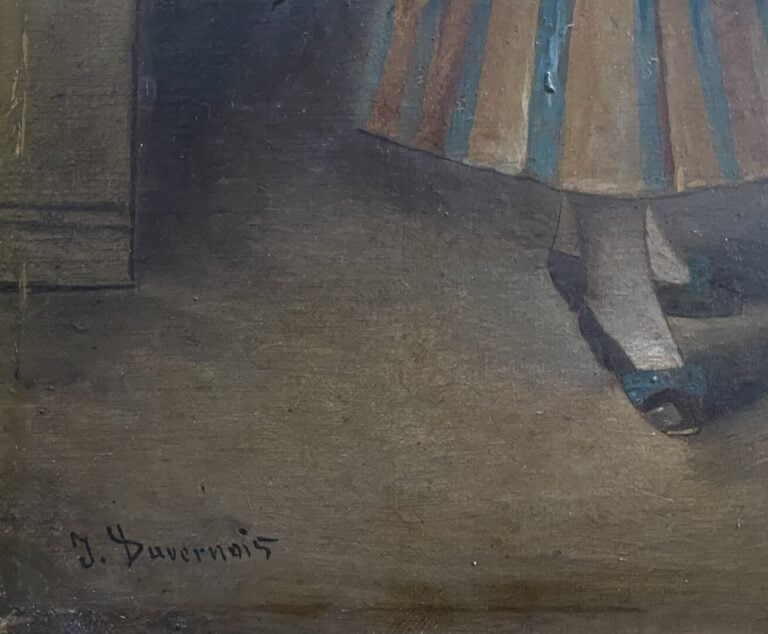 J. DUVERNOIS - Jeune femme au carnet - Huile sur toile - Signée en bas à gauche…