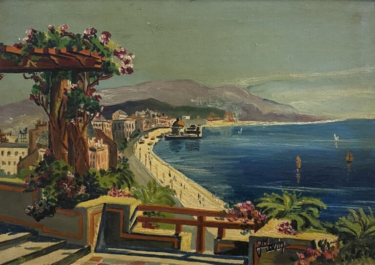 J. MONIN (XXe siècle) - Vue de la Promenade depuis une pergola - Huile sur cart…