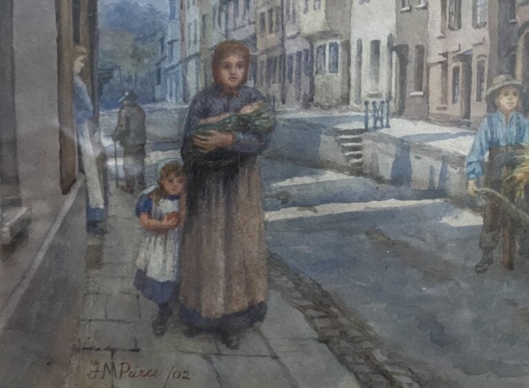 J.M PEIRCE - Vue de village, scène animée - Aquarelle sur papier - Signé en bas…