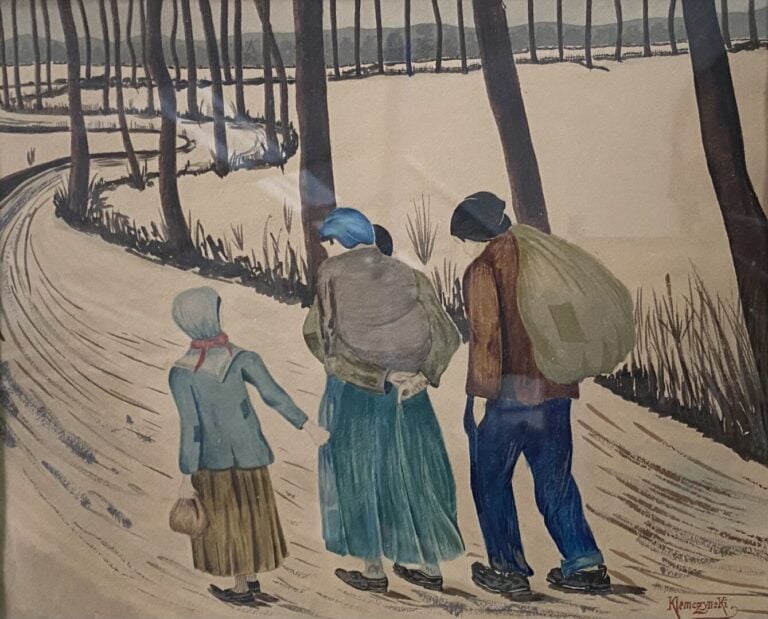 KLEMCZYNSKI - Famille sur un chemin de forêt enneigé - Aquarelle sur papier - S…