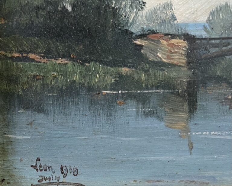 LEON ? - Vue de berges, scène animée - Huile sur panneau - Signé et daté juin 1…