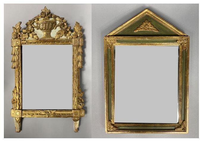 Miroir en bois et composition peint dans les tons doré, le fonton surmonté d'un…