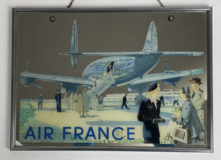 Miroir en verre églomisé Air France par A. Gerrer avec Constellation 049 - F-BA…