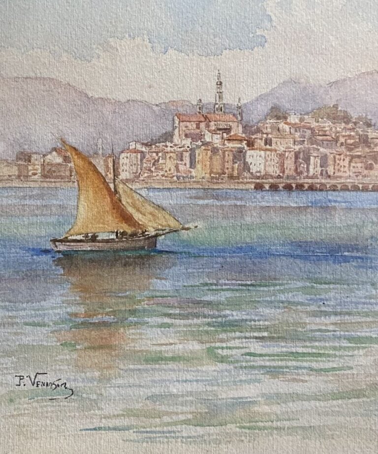 P. VENANSON - Vue de Menton - Aquarelle - Signé en bas à gauche - 17 x 13 cm