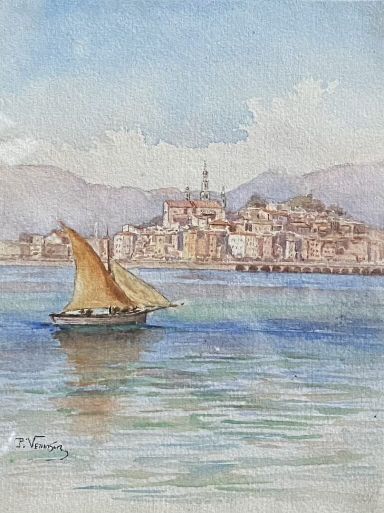 P. VENANSON - Vue de Menton - Aquarelle - Signé en bas à gauche - 17 x 13 cm