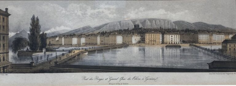 Quatre gravures en couleurs représentant des vues de Genève - 10 x 28 cm (à vue…