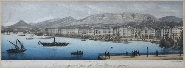 Quatre gravures en couleurs représentant des vues de Genève - 10 x 28 cm (à vue…
