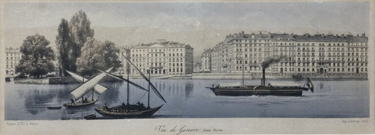 Quatre gravures en couleurs représentant des vues de Genève - 10 x 28 cm (à vue…