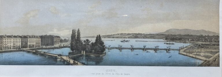 Quatre gravures en couleurs représentant des vues de Genève - 10 x 28 cm (à vue…